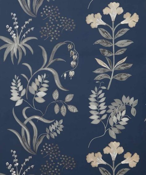 Hand painted in the Liberty design studio, Botanical Stripe is a dignature artwork of the Floribunda collection, celebrating the historic tradition of botanical illustration in Britian. Botanical Stripe is printed using a fine mesh gravure technique, bringing to life teh soft painterly nature of the motifs. Matte and metallic pigments are layered in varied degrees of tonality to create a subtle luminescence, reminisicent of Victorian cyanotypes. Nature, Liberty Wallpaper, Wallpaper Botanical, Tropical Fabric Prints, Botanical Motifs, Liberty Fabrics, Tropical Fabric, Silk Wallpaper, Stripe Wallpaper