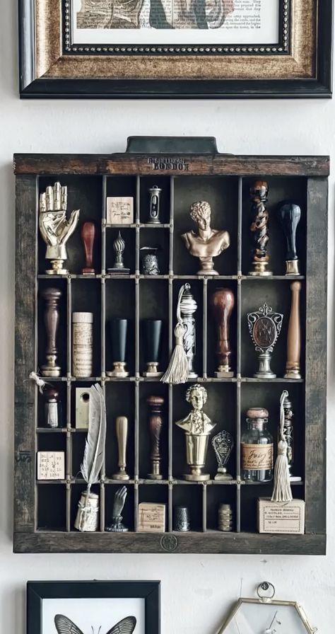 Printer Drawer Ideas Display, Curio Display Ideas, Nicknack Display Ideas, Apothecary Decor Living Room, Curiosity Cabinet Aesthetic, Cabinet Of Curiosities Aesthetic, Knick Knack Display Ideas, Rocks Display, Trinket Wall