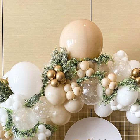 Balloon Stylist & Event Decor By Jewelz on Instagram: "Rustic Winter Wonderland Mesh Hoop Organic Garland With Jumbo Helium Centerpieces For Chloe’s Christening Day

Thank You To Our Client For The Amazing Greenery She Gave Us To Add To Her Piece @ninaa_laurenn 

Mesh Hoop Rental By US

Custom Round Sign: @pumpkinlyprints 

DM Us For Inquires & Bookings #snowflakeballoons#christeningballoondecor#greeneryballoons#rusticwonderland#statenislandballoons#whiteballoons#winterwonderlandballoons" Winter Birthday Balloons, Baby Its Cold Outside Balloon Arch, Winter Baby Shower Balloon Arch, Winter Wonderland Balloon Decorations, Winter Onederland Balloon Arch, Winter Balloon Garland, Winter Balloon Arch, Winter Onederland Centerpieces, Winter Wonderland Balloon Garland