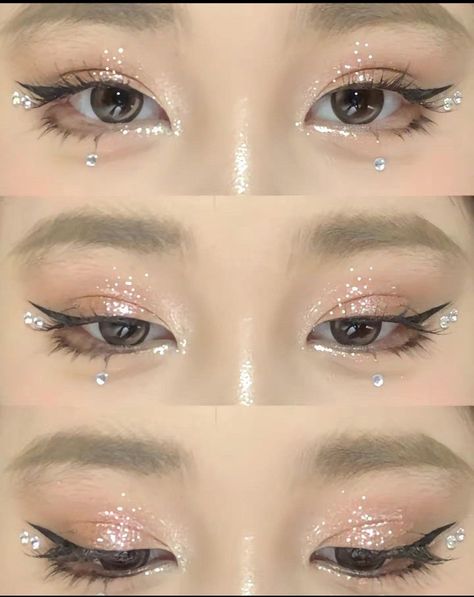 Prom Makeup With Rhinestones, Eye Makeup With Gems, Rising Pisces, Rhinestone Eye Makeup, Douyin Nails, Seventeen Concert, Gem Makeup, Makeup Douyin, Concert Makeup