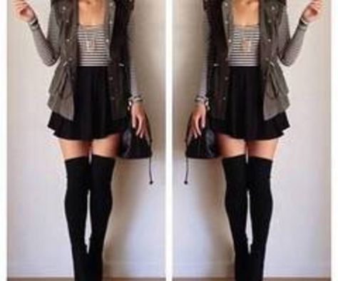 Thigh High Socks, skater skirt, striped long sleeved bodycon top, utility vest and all the accessories. Autumn Bag, High Socks Outfits, Booties Boots, Rocker Girl, Stylish Sweater, Sock Outfits, Pastel Outfit, Kleidung Diy, Miniskirt Outfits