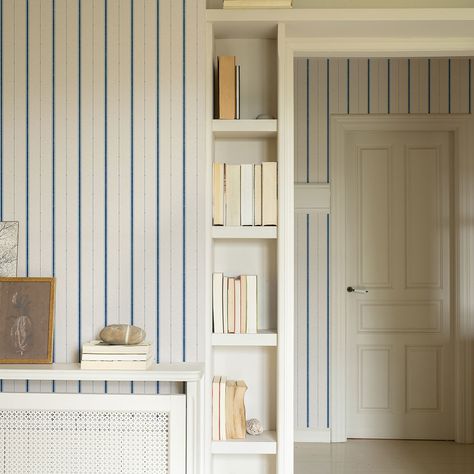 Victorian Lineal by Coordonne - Blue - Wallpaper : Wallpaper Direct Blue Pinstripe Wallpaper, White On White Wallpaper, Colourful Coastal Interior, Timeless Renovations, Pottery Barn Wallpaper, Stripe Wallpaper Living Room, Little Boy Wallpaper, White Wallpaper Bedroom, Striped Wallpaper Bedroom