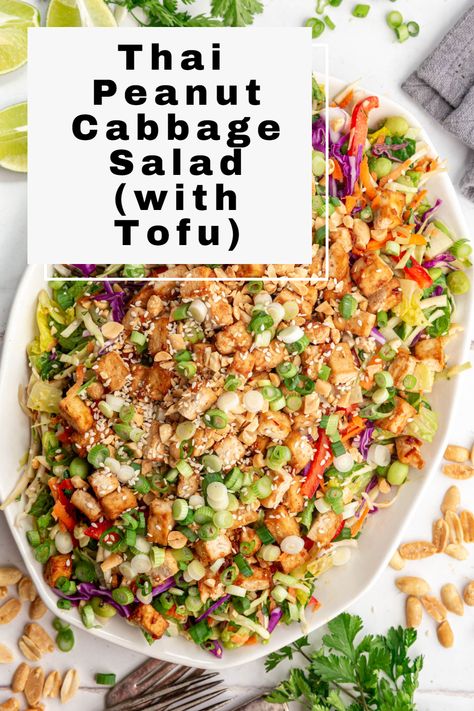 The ultimate peanut salad! This Thai Cabbage Salad is made from veggies like romaine, cabbage, bell peppers, and carrots, loaded with an easy garlic tofu, and tossed with a decadent creamy peanut dressing. ‍#plantbasedideas #healthy #plantbasedrecipeshealthy #veganlifestyle #plantbasedeating #healthyplantbased #eating #plantbaseddinner #plantbaseddinnereasy #glutenfreeplantbasedrecipes #plantbased #glutenfree #vegan #recipes #easy #vegan #plantbased Wfpb Cabbage Recipes, Thai Cabbage Salad, Thai Cabbage, Vegan Cabbage Recipes, Tofu Salad Recipes, Salad With Tofu, Garlic Tofu, Peanut Salad, Plant Based Recipes Dinner