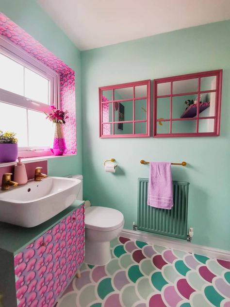 Mermaid Bathroom Ideas, Paint Transformation, Vibrant Bathroom, Girls Room Diy, Bathroom Mirror With Shelf, Scrubbing Brush, Mermaid Bathroom, Bathroom Transformation, Eclectic Bathroom