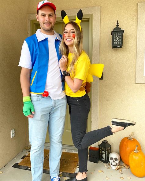 Women’s Pikachu Costume, Pokemon Halloween Costume Diy, Pikachu Dress Up, Ask Ketchum Costume, Pikachu Womens Costume, Couple Costumes Pokemon, Ash Ketchum And Pikachu Costume, Womens Pokemon Costume, Pikachu And Ash Costume Couple