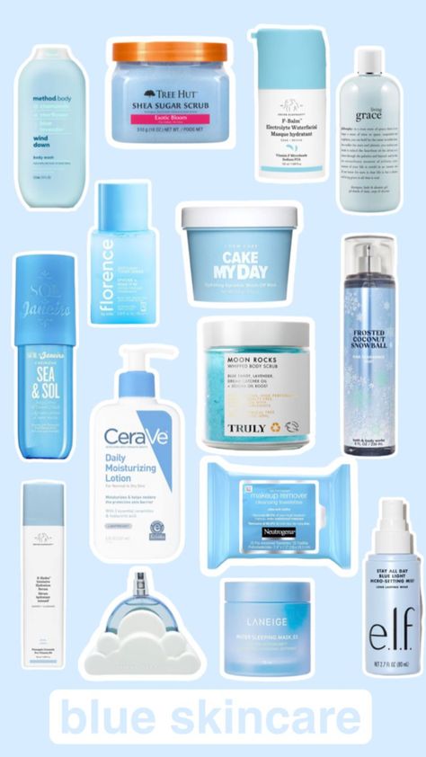 Blue Skin Care Products, Blue Preppy Products, Blue Skincare Products, Preppy Hair Products, Blue Skincare Aesthetic, Blue Skin Care, Blue Wishlist, Cheengu Blue, Beauty Care Design