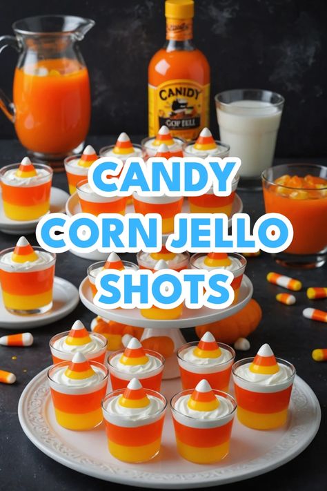 A photo of a  Candy Corn Jello Shots which is a type of halloween jello shots Easy Fall Shots, Jello Shots Recipe Halloween, Halloween Alcoholic Jello Shots, Carnival Jello Shots, Candy Corn Shots Alcohol, Halloween Themed Shots Alcohol, Halloween Party Shots Alcohol, Skull Jello Shots, Pumpkin Jello Shots