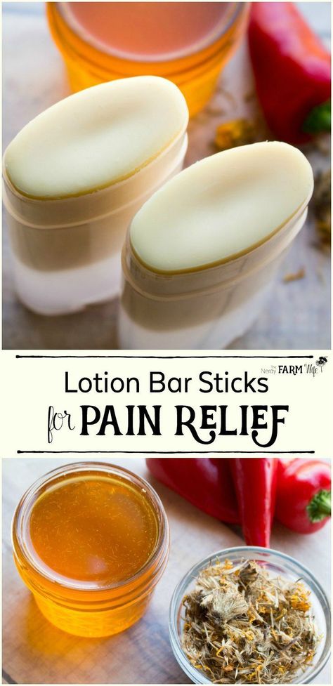 Lotion Bar Sticks for Pain Relief - This easy DIY recipe features a trio of herbs (cayenne, ginger and arnica flowers) that have been shown to help relieve pain, inflammation, arthritis and achy muscles. Săpunuri Handmade, Salve Recipes, Diy Lotion, Lotion Bar, Homemade Lotion, Herbal Recipes, Natural Healing Remedies, Diy Recipe, Herbal Healing