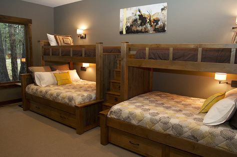 https://flic.kr/p/bUAKGT | 2012-06-03-Caldera-kids room2-s | Bedroom #3.  Custom hand scraped double queen beds with double twin beds on top.  Stairs in between bunks are also full extension pull-out drawers.  20 foot long bedroom for lots of space. Custom Bunk Beds, Bunk Beds Built In, Built In Bunks, Bunk Rooms, Bed Platform, Bunk Bed Designs, Space Bedding, Lake Cabin, Kids Bunk Beds