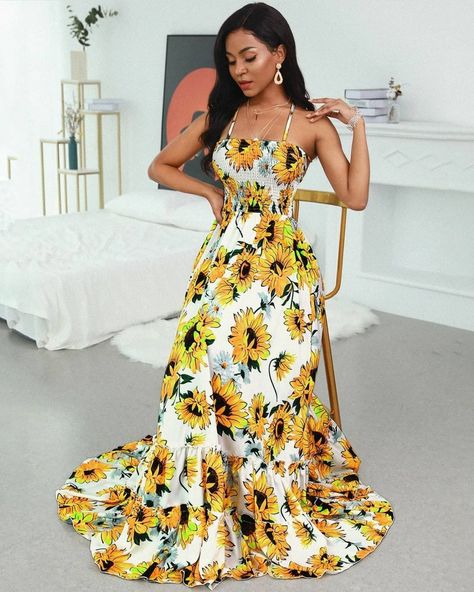 Fashions Universe 🟣 (@fashions.universe) • Instagram photos and videos Sunflower Outfit, Stylish Maxi Dress, Sunflower Dress, Backless Maxi Dresses, Style Maxi Dress, Winter Fashion Outfits, Womens Maxi Dresses, Printed Maxi Dress, Yellow Dress