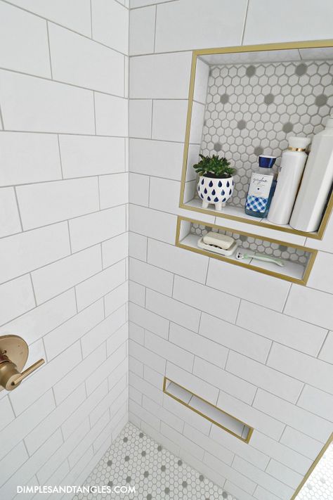 GREEN, BLUE AND WHITE MASTER BATHROOM REVEAL PART 2 - Dimples and Tangles White Tile Bathroom With Wallpaper, Blue And White Tile Bathroom, Niches Ideas, Secondary Bathroom, Blue And White Bathroom, Dimples And Tangles, Bathroom Niche, Tile Decor, Bamboo Chandelier