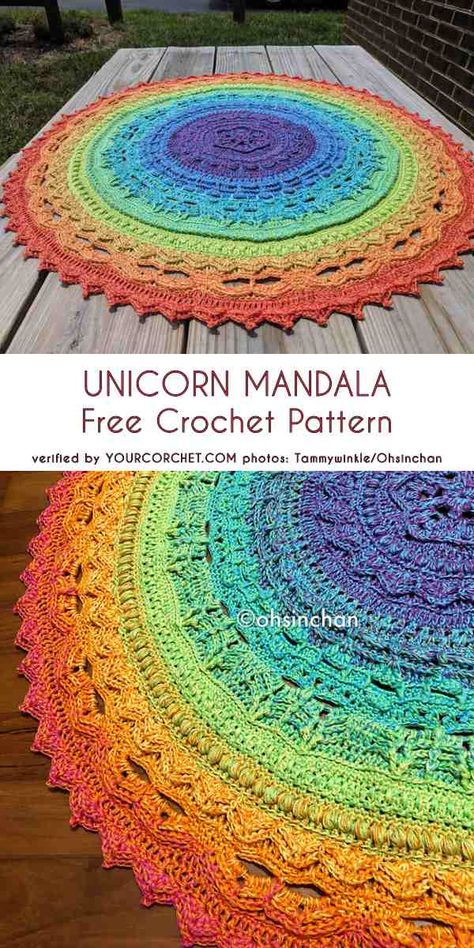 Unicorn Mandala Free Crochet Pattern Free Mandala Crochet Patterns, Unicorn Mandala, Motif Mandala Crochet, Mandala Blanket, Mandala Yarn, Beau Crochet, Mandala Crochet, Rich Design, Rug Patterns