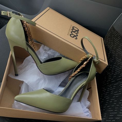 Nature Heels, Olive Green Heels, Cute Heels Classy, Asos Heels, Olive Heels, Elegant Shoes Heels, Green High Heels, Green Pumps, Pretty Heels