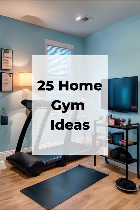 25 Home Gym Ideas on a transparent overlay, with a treadmill and exercise equipment in a well-organized room. Boho Home Gym Decor, Gym Corner In Living Room, Small Gym Room, Small Workout Room, Small Home Gym Design, Gym Corner, Home Gym Design Ideas, Gym Design Ideas, Home Gym On A Budget