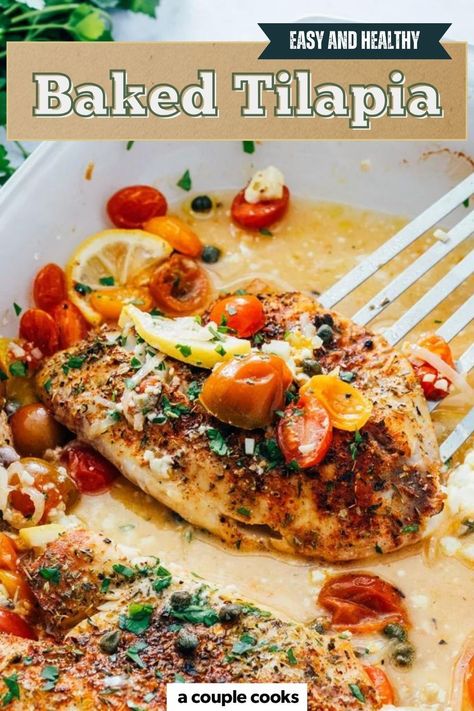 This Healthy Baked Tilapia with tomatoes, lemon, and feta is an impressive yet easy dinner recipe! This flavorful fish dish is perfect for any occasion. Check out the recipe on our site. Bake Tilapia Recipes Oven, Creamy Tilapia Recipes, Talapia Ideas Easy, Tilapia Side Dishes, Mediterranean Baked Fish, Quick Fish Recipes, Tilapia Dinner, Oven Baked Tilapia, Healthy Tilapia