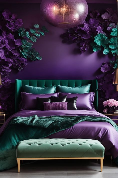 Embrace the enchantment of twilight in this majestic bedroom, where deep purple Ombre wall decor fades into midnight blue, evoking the mystery of dense forests. Opulent botanical autumn wall art, with leaves and blooms springing forth, weaves an alluring tale. A sumptuous bed with velvet drapes in emerald green awaits beneath a moonlit globe pendant light. Golden accents add regal touches as fresh flowers and plush textures envelop you in lavish comfort. Experience nature's majesty. Dark Modern Bedroom, Big Bedroom, Dark Interior Design, Diy Home Interior, Beautiful Bedroom Decor, Brown Rooms, Feminine Bedroom, Dark Bedroom, Elegant Interior Design