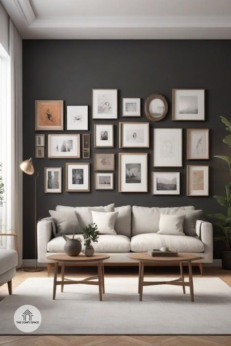 Ever stared at a blank wall, wondering how to make it pop? Let's turn that blank canvas into a masterpiece with a gallery wall that screams 'you'! Dive into tips on selecting frames, arranging art, and adding personal touches. Whether you're a decor newbie or a pro, these ideas will transform your walls into a journey of your life. Say goodbye to bland and hello to fab! #GalleryWallGoals #HomeDecor #PersonalStyle #ArtisticHome #WallDecor#GalleryWallGoals #HomeDecor #PersonalStyle #ArtisticHome #WallDecor Home Decor Gallery Wall, Black Picture Frame Wall, Black Frames On Wall, Picture Wall Ideas Living Room, Square Farmhouse, Comfy Space, Dark Grey Walls, Modern Gallery Wall, Artistic Home