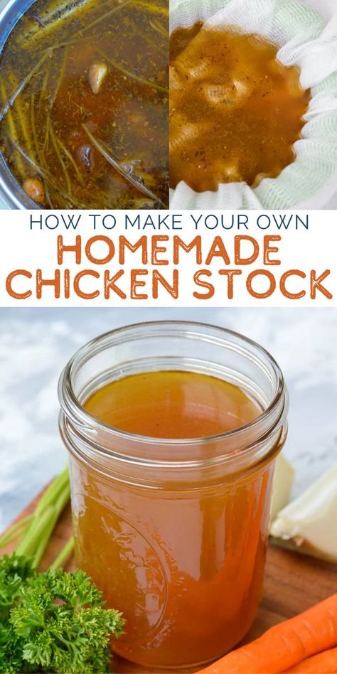 Learn how to make chicken stock for more flavorful soups, pastas, and casseroles! This cooking tutorial will help you turn kitchen scraps into a delicious, nutritious golden broth. You will love the amazing flavor you can get in your recipes when you make your own stock! Also, learn the difference between chicken broth and chicken stock! How To Can Chicken Stock, Pressure Canning Chicken Stock, Chicken Boullion Recipe, Homemade Chicken Feed Cheap, Chicken Stock From Rotisserie Chicken, Chicken Stock Recipes, Canning Chicken Stock, Making Chicken Stock, Make Chicken Stock