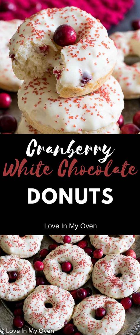 cranberry, white chocolate, baked donuts, baked, donuts, cake, Christmas, Christmas baking, breakfast via @loveinmyoven Muffins Cranberry, Chocolate Donuts Baked, Holiday Donuts, Donuts Cake, Cranberry White Chocolate, Donut Filling, Homemade Donuts Recipe, Christmas Donuts, Baked Donut Recipes