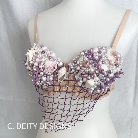 Mermaid Bras, Purple Seashell, Seashell Bra, Ariel Costumes, Shell Bra, Mermaid Bra, Mermaid Top, Glitters Skirt, Womens Costumes