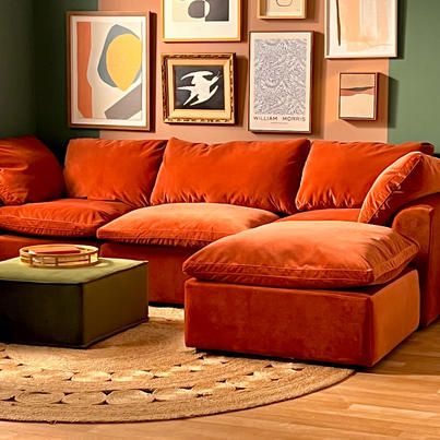 Joybird - It’s good to be home. Create a space that brings... | Facebook Joybird Sectional, Brown Sofa Living Room, Joybird Furniture, Orange Sofa, Velvet Furniture, Brown Sofa, Modular Sectional, Cozy Space, Home Decor Inspiration