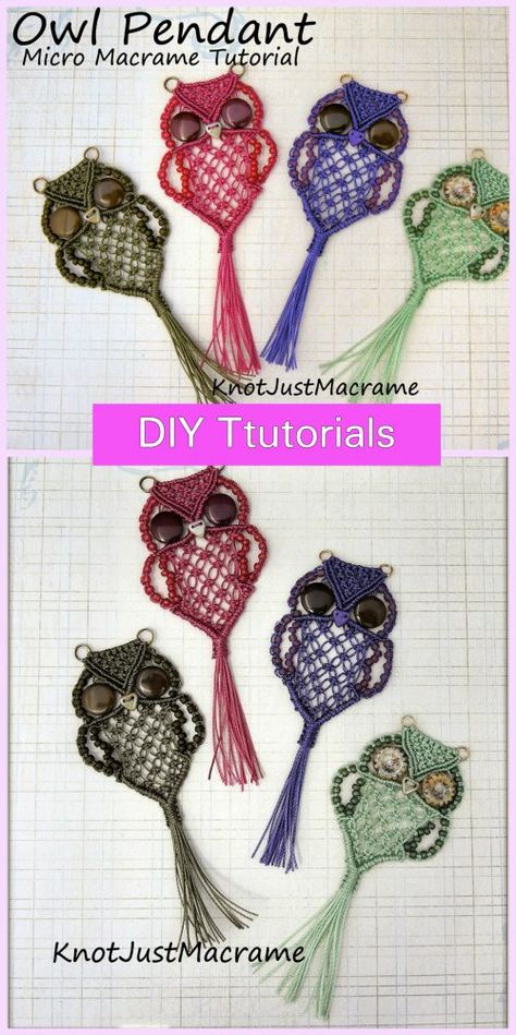 Diy Macrame Owl Tutorials, Owl Macrame Tutorial, Micro Knitting, Magazine Diy, Owl Tutorial, Micro Macrame Tutorial, Basic Macrame, Art Macramé, Macrame Jewelry Tutorial