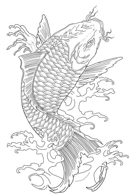 Koi Tattoo Stencil, Koi Fish Tattoo Stencil, Koi Fish Stencil, Japanese Water Tattoo, Koi Dragon Tattoo, Half Sleeve Tattoos Sketches, Chest Tattoo Stencils, Karp Koi, Koi Tattoo Sleeve