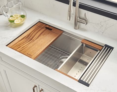 Whether you’re building a brand new kitchen or simply renovating it, hardware has the potential to make or break the vibe of your space. So, now that ... | Install Workstation Sink Ledge Kitchen Sinks, Kitchen Sink Sizes, Undermount Bar Sink, Kitchen Work Station, Farmhouse Sinks, Double Sinks, Sink Sizes, Sink Grid, Steel Kitchen Sink