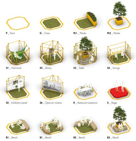 Flexible Urban Design, Urban Intervention Design, Sustainable Street Design, Temporary Installation Public Spaces, Urban Recreational Spaces, Public Space Installation, Modular Public Space, Urban Installation Public Spaces, Placemaking Public Spaces Urban Design