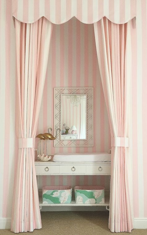 The Glam Pad: A Glamorous Pink and Green Nursery Inspired by the Beverly Hills hotel and Vintage Miami Beach Palm Beach Nursery, Pink And Green Nursery, Ideas Armario, Nursery Window Treatments, Wallpaper Walls, Nursery Nook, The Beverly Hills Hotel, Glam Pad, Vintage Miami