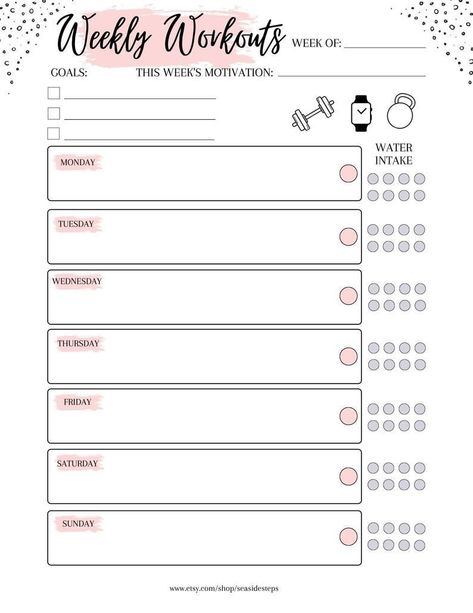 ♥ This Weekly Workout Fitness Planner PDF Template is not only pretty and functional but will keep you on track with your health and fitness goals. By simply writing down your goals you are more likely to create healthy habits and put them into action. Easily plan and log your weekly workouts so you know in advance what your week will look like. There is space to write down what your motivation is for the week Exercise Calendar, Workout Planner Printable, Weekly Workout Planner, Gym Planner, Body Revolution, Training Journal, Workout Template, To Do Planner, Fitness Planner Printable