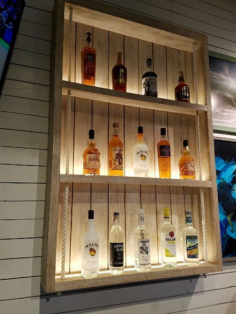 Wooden Bar Shelves Ideas, Alcohol Shelf Ideas, Hanging Liquor Shelf, Alchohol Display, Diy Bar Shelf Ideas, Bar Shelves Ideas, Restaurant Liquor Display Bar Shelves, Uni Room Ideas, Uni Room Ideas Uk