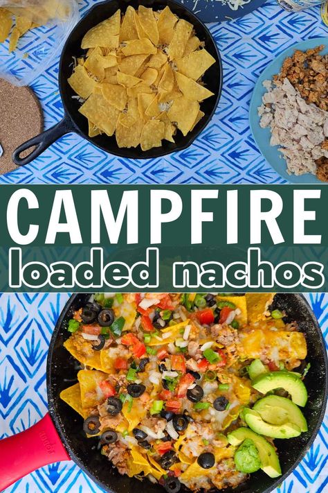 Nachos are one of the best camping meals or snacks, because they taste even better cooked over the campfire. Cook these campfire nachos in an aluminum pan or cast iron dutch oven or skillet and feed your whole family. SO many variations on toppings to make these loaded nachos. Campfire Nachos Cast Iron Skillet, Dutch Oven Nachos, Campfire Nachos Recipe, Camping Meals For 2, Campfire Dutch Oven Recipes, Campfire Nachos, Rosie Birthday, Easy Camping Dinners, Cast Iron Skillet Recipes Dinner