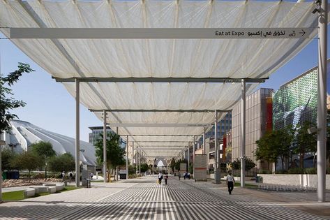 an ethereal canopy of high-tech i-Mesh floats above expo 2020 dubai Expo Dubai, Expo 2020 Dubai, Carbon Emission, Expo 2020, Canopy Cover, Walking Paths, Dubai City, Shade Structure, Architecture Rendering