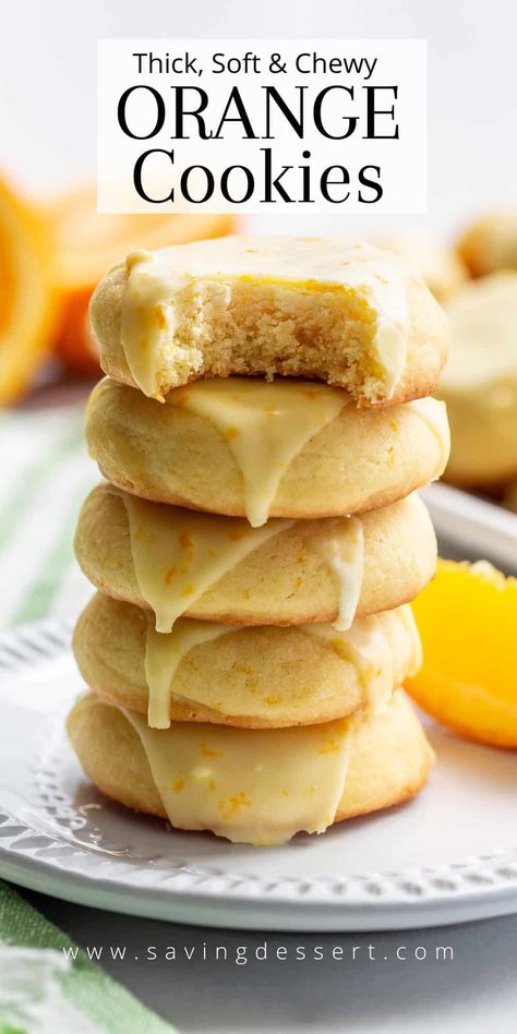 Our thick, soft and chewy fresh Orange Cookies are drizzled with an orange icing but have a sugar cookie vibe. They're loaded with fresh orange juice and zest. #orangecookies #orangecookierecipe #orange #cookierecipe Amish Orange Cookies, Orange Zest Sugar Cookies, Orange Crumbl Cookie, Orange Coconut Cookies, Carrot Cookies With Orange Glaze, Chewy Orange Cookies, Baking With Orange Juice, Desserts With Mandarin Oranges, Ginger Orange Cookies