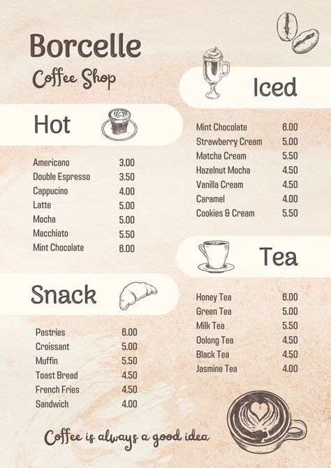 Beige and Brown Minimalist Aesthetic Coffee Shop Menu - Templates by Canva Cafe Food List, Coffee Shop And Bakery Design, Coffee House Menu Ideas, Cafe Shop Menu Ideas, Book Cafe Menu Design, Menu Ideas For Cafe, Simple Cafe Food Ideas Coffee Shop, Shop Coffee Design, Coffee Shop Inventory List