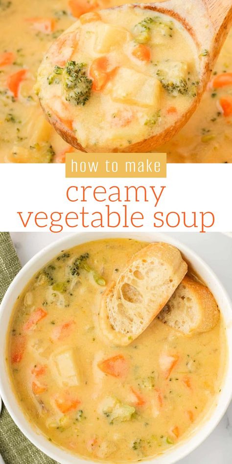 This Creamy Vegetable Soup recipe is absolutely delicious! Full of veggies and a rich cheesy base, this is the best comfort food. 30 Min Soup, Soup Recipes No Tomatoes, Creamy Soup Base, Veggie And Rice Soup, Vegetable Stock Recipe Dinners, Veggie Wonton Soup, White Cheddar Dill Soup, Soup Recipes With Celery, Veggie Chowder Soup