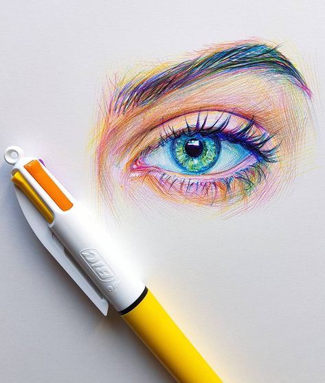 Pen Art Colorful, Colored Pen Drawing Ideas, Color Pen Sketch, Bic Pen Drawing Sketches, Pen Drawing Color, Pen Color Drawing, Multicolor Pen Drawing, Colorful Pen Drawings, Biro Pen Drawing