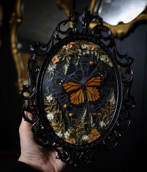 Karina Mills (Bewitched Oddities) on Instagram: "The new website listings are live including this frame I put together today! Similar to something I’ve made in the past, but with more florals this time. Monarch butterfly, real preserved orb weaver web, and dried florals in a black vintage frame." Plant Pressing, Butterfly Taxidermy Art, Black Vintage Frame, Bug Pinning, Real Butterfly Art, Entomology Decor, Bug Taxidermy, Butterfly Real, Gothic Whimsical