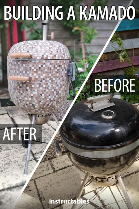 Daneasch shares how to do a Weber grill conversion to build a Kamado. #Instructables #workshop #outdoors #backyard #BBQ Home Made Bbq Grills, Weber Kettle Grill Table, Diy Bbq Grill, Weber Grill Table Diy, Weber Grill Table, Outdoor Grill Diy, Smoker Ideas, Backyard Bbq Grill, Diy Smoker