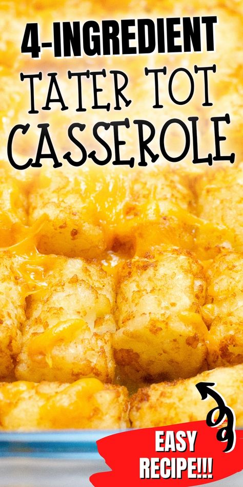 Easy 4-ingredient Tater tot casserole recipe! A real family favorite, this easy ground beef casserrole is one of my go-to dinner recipes! Easy Tater Tot Casserole Beef, Cheesy Tot Casserole, Tater Tot Recipes Casseroles Ground Beef, Tater Tot With Cheese, Crockpot Tater Tot Casserole With Ground Beef, Ground Beef Recipes With Tater Tots, Easy Recipes With Tater Tots, Tater Tot Hashbrown Casserole, Velveeta Tater Tot Casserole