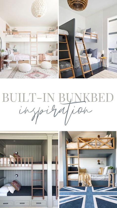 Lake House With Bunk Room, Bunk Beds 8ft Ceiling, Bunk Bed And Queen Bed In One Room, Bunk Bed Configurations, Guest Room With Queen Bed And Bunk Beds, Bunk Railing Ideas, Queen And Twin Bunk Beds, Bunk Bed Full Over Full, Built In Wall Bunk Beds