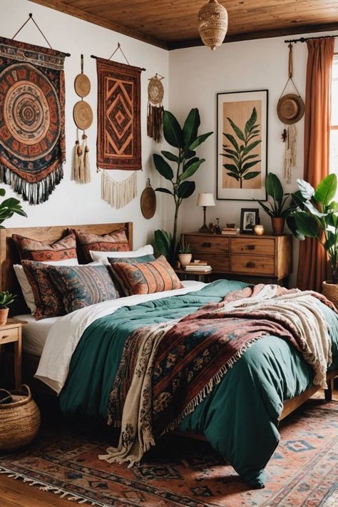 Bohemian Cottage Decor Ideas, Guest Bedroom Ideas Boho, Patchwork Wall Hanging, Boho Guest Bedroom Ideas, Chic Bedroom Ideas, Bedroom Ideas Boho, Inspiration Wall Art, Guest Bedroom Ideas, Casa Hobbit