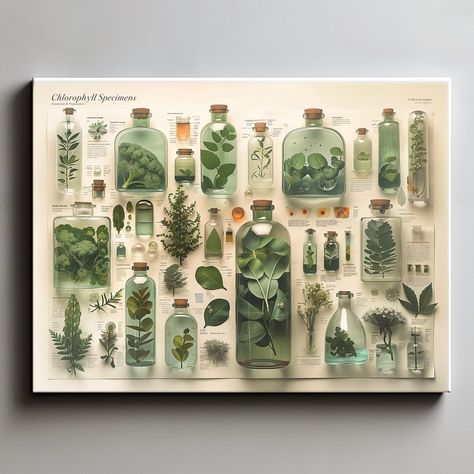 Bring the beauty and intricacy of botanical science into your space with this "Chlorophyll Specimens" canvas art, showcasing a curated collection of plant samples preserved in glass vials. This stunning AI enhanced artwork combines the elegance of nature with the precision of scientific study, making it an ideal piece for plant enthusiasts, botanists, and anyone with an appreciation for the natural world. Crafted with high-quality materials, the canvas presents a diverse array of chlorophyll-rich plants, each meticulously detailed and labeled, providing a fascinating glimpse into the world of plant biology. The soft green hues and clean design create a visually soothing effect, perfect for enhancing the decor of any room, whether it's a home, office, or creative workspace. Ideal for those Halloween Science Decor, Dried Botanicals Decor, Botanical Office Decor, Biology Decorations, Scientific Decor, Botanist Aesthetic, Plants Study, Botany Aesthetic, Science Room Decor