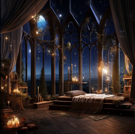 Night Court Bedroom, Fantasy Apartment, Crystal House, Dreamscape Architecture, Castle Bedroom, Productive Work, Fantasy Bedroom, Fantasy Rooms, Night Court