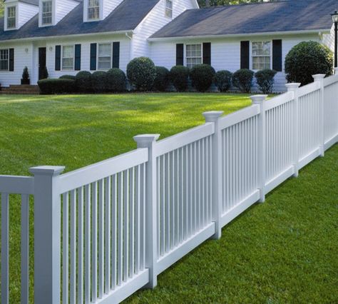 Short Fences For Front Yard, White Vinyl Picket Fence, Modern White Picket Fence, White House White Fence, White Fence Front Yard, White Picket Fence Ideas, Picket Fence Ideas, Picket Fencing, Short Fence