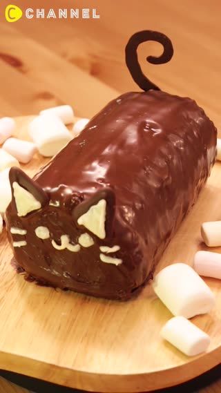 Black Cat Roll Cake | C CHANNEL Cat Roll, Cat Cake, Roll Cake, Cute Birthday Cakes, Cake Roll, Cute Desserts, Birthday Cake Kids, Pretty Cakes, Cute Cakes