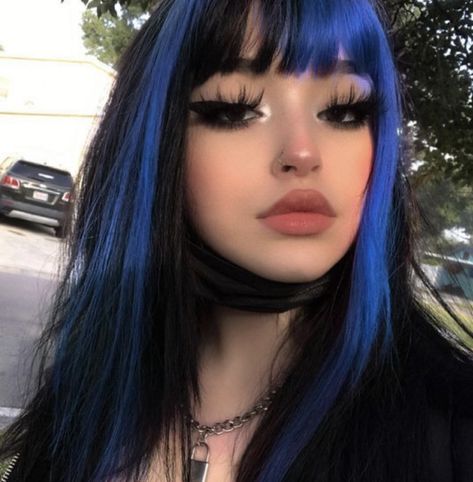 Black N Blue Hair, Half Blue Hair Half Black, Half Blue Hair Underneath, Short Egirl Hair, Parts Of Hair Dyed, Dark Colourful Hair, Blue Hair Underneath Black, Partial Blue Hair, Blue Hair Designs