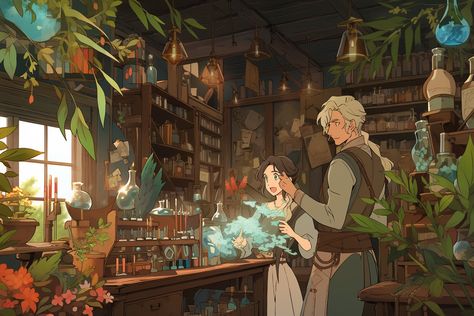 Magical Places Art, Witch Shop Illustration, Witch Shop Art, Magic Shop Concept Art, Fantasy Kitchen Art, Fantasy Kitchen Concept Art, Potion Maker Character Design, Fantasy Shop Art, Apothecary Character Design