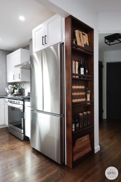 DIY Easy Storage Shelf (For The Side Of My Fridge)! - DIY Huntress Coffee Bar On Side Of Fridge, Kitchen Side Storage, Side Of The Fridge Storage, Storage Beside Fridge, Shelf Beside Fridge, End Of Fridge Storage, Hiding Side Of Fridge, Kitchen Fridge Storage, Side Fridge Storage Diy